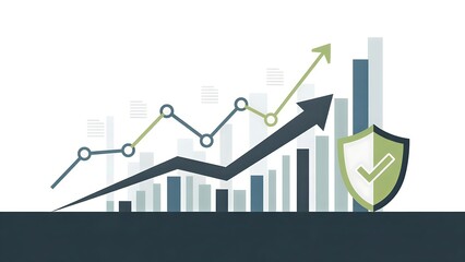 A graphic illustration of a growing business trend with a shield and checkmark, featuring a line graph and bar chart in shades of green, blue, and gray on a white background.
