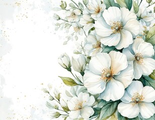 White watercolor flowers on a white background with space for text. Spring flowers card.