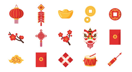 Chinese New Year Icons: Lantern, Firecrackers, Lion Dance, Red Envelopes, Coins, Plum Blossoms © Ilma