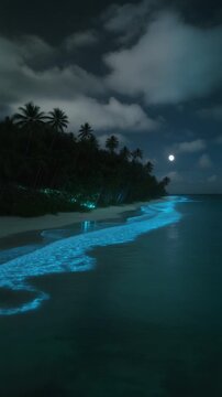  drone shot glides above a tropical shoreline where bioluminescent waves glow in electric blue patterns