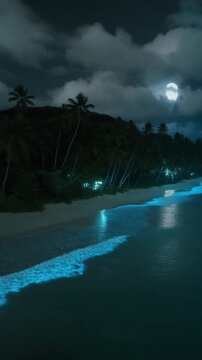  drone shot glides above a tropical shoreline where bioluminescent waves glow in electric blue patterns