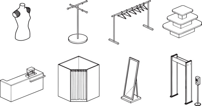 A collection of essential retail store fixtures. This image showcase a set of common store elements.