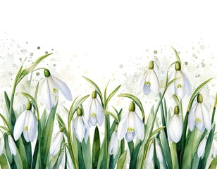 White watercolor snowdrops on a white background with space for text. Spring flowers card.