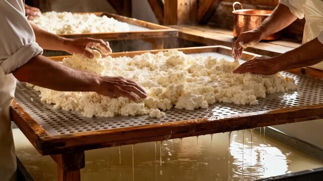 Medium shot of workers skillfully spreading fresh curds on flat perforated tables to evenly drain whey in a traditional dairy setting.