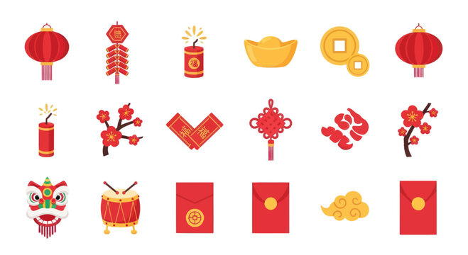 Chinese New Year Symbols Collection: Lanterns, Firecrackers, Red Envelopes, Gold, Lion Dance