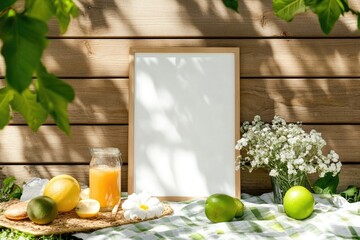 Blank frame surrounded by fresh fruits and flowers on rustic wooden background