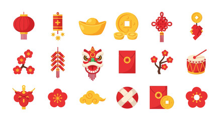 Chinese New Year Icons: Lanterns, Firecrackers, Coins, Envelopes, Lion Dance, Plum Blossoms