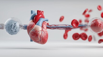 3D illustration of a human heart with blood flow, showcasing the cardiovascular system and its components.