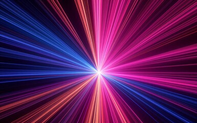 Fototapeta premium Vibrant laser beams radiate from center, blending pink, blue, and orange in cosmic light show.