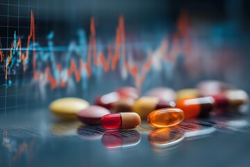 A close-up view of colorful pills on a reflective surface with a background of medical data graphs.