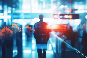 A figure stands in an airport, surrounded by digital overlays and people, illustrating the evolution of travel technology.