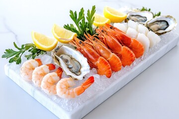 Delicious seafood platter with fresh oysters, shrimp, prawns, lemon slices, and parsley on ice