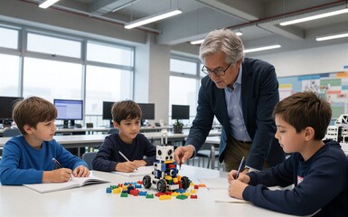Fototapeta premium Teacher guides students building robot in bright, modern classroom.