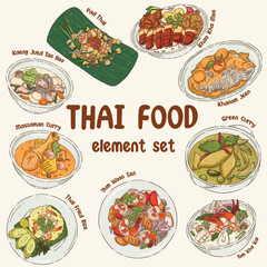 Thai Food Element Set - Collection of Traditional Thai Cuisine Dishes in Kawaii Illustration Style