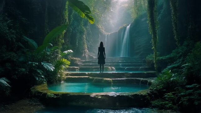silhouette stands next to layered tropical cascading pools made of natural limestone terraces.