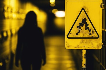 A silhouetted figure approaches a warning sign in a dimly lit corridor, creating an eerie atmosphere.