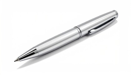 Shiny metal writing instrument angled on white surface, creating shadow, ready to write