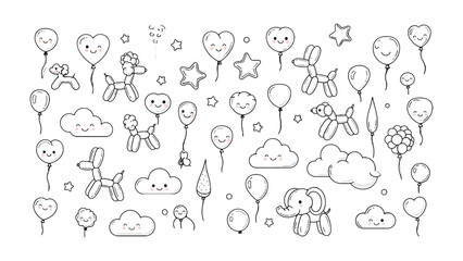Fototapeta premium Whimsical Balloon Delight: A charming assortment of playful balloons and delightful cloud illustrations dance across the scene, creating a sense of joy and celebration.