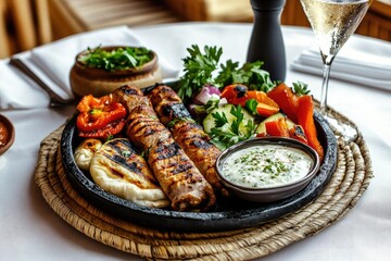 Grilled meat skewers with fresh vegetables and dipping sauces on rustic plate