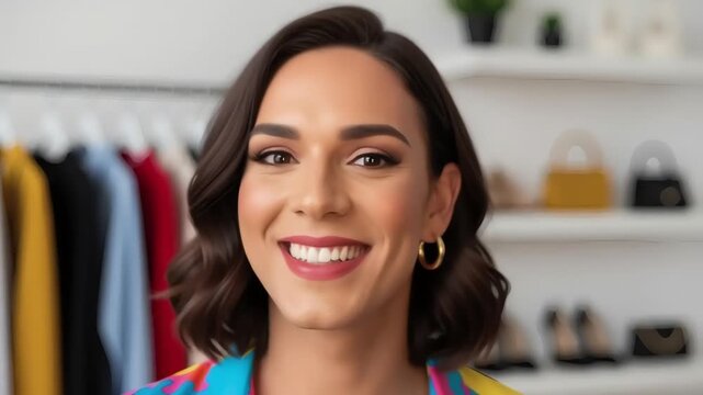 A transgender woman entrepreneur hosting a live streaming session to sell fashion products online from a clean home studio