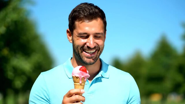 Happy man eating ice cream outdoors on sunny day