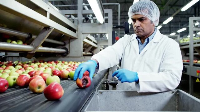 Focused food industry worker in a clean environment meticulously inspecting freshly harvested apples moving along a conveyor belt system for quality control.