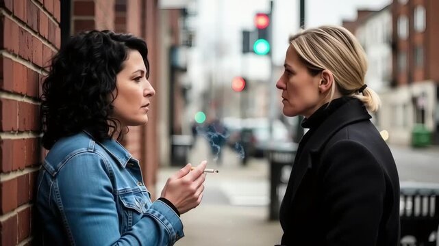 Adult women smoking cigarettes outdoors in an urban setting. Natural daylight and camera movement present a realistic lifestyle scene related to habits