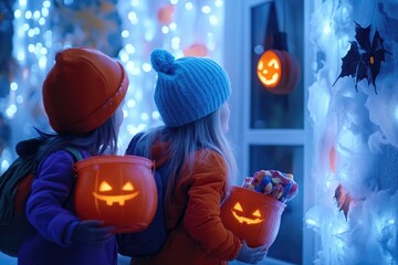 Joyful children in halloween costumes holding pumpkin buckets filled with candy