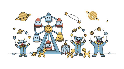 Naklejka premium Cosmic Carnival: A whimsical illustration of a jovial carnival scene, featuring charming clowns, a playful Ferris wheel, and celestial elements creating a delightful atmosphere.
