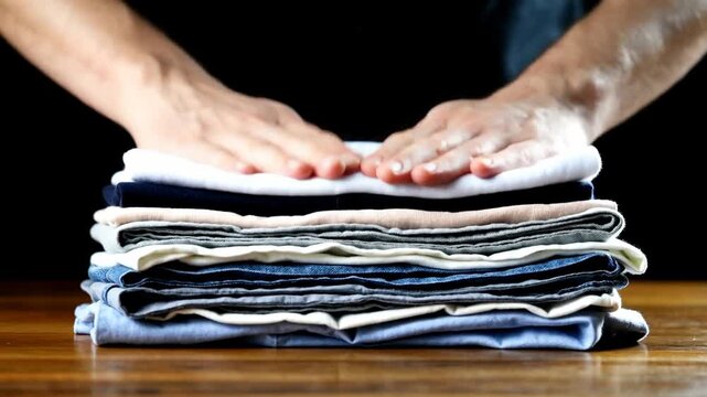 Hands neatly folding a stack of freshly laundered clothes on a wooden surface with a subtle focus on textures and colors