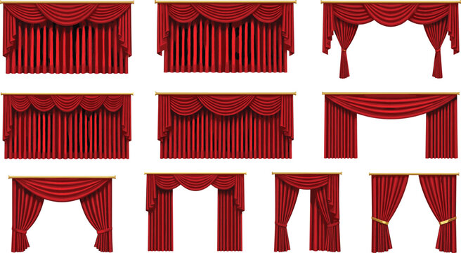 Red theater curtain vector set with stage drapes, classic opera curtains and dramatic fabric backgrounds isolated on white background for performance and event design