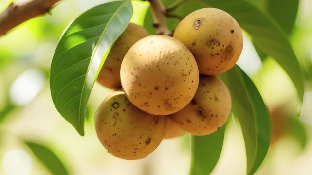 Close-up video of ripe langsat fruit hanging on a tropical tree branch. Natural diffused sunlight and gentle camera movement highlight freshness, agriculture, tropical nature