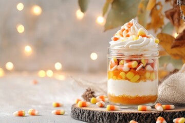 Festive candy corn parfaits with whipped cream and autumn decorations