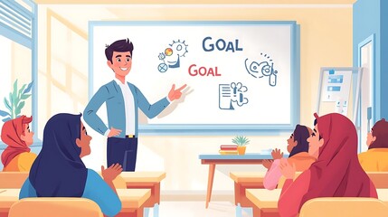 Modern Classroom Education Scene: Teacher Explaining Strategy to Students