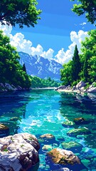 A bright cyan river scene with verdant trees and distant blue mountains in a vertical orientation, like a painting