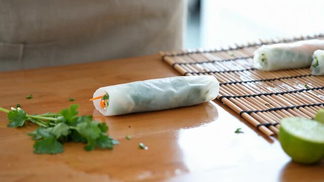 Hands skillfully rolling fresh spring rolls with herbs and vegetables on a wooden surface, vibrant lime slice on the side