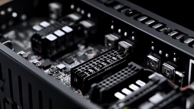 Closeup medium shot of modular power supply unit with interchangeable components emphasizing flexibility and seamless integration for nextgen device power solutions.