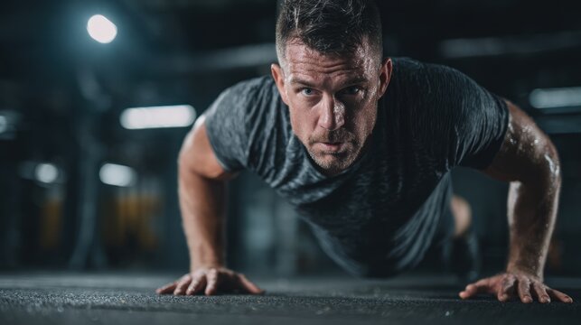A muscular man in a gym, performing push-ups on a dark, textured mat.