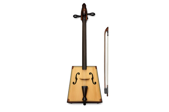 Traditional Mongolian Morin Khuur horsehead fiddle with bow on black background