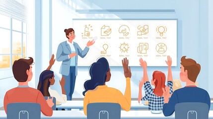 Corporate Training Workshop with Female Instructor and Engaged Audience Raising Hands