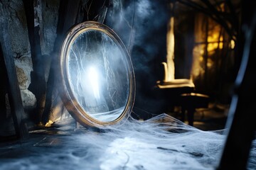 Mysterious silhouette of a ghostly figure in a mirror, surrounded by smoke and eerie candlelight