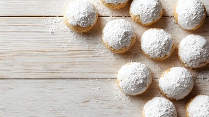 Fototapeta premium Powdered pfeffernusse cookies scattered on rustic wooden table top view.