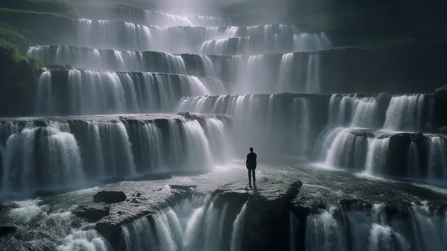  drone orbit shot reveals a still silhouette standing at the edge of cascading multi layered waterfalls.