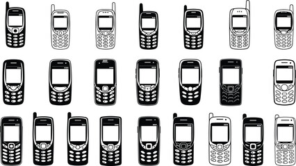 Classic mobile phone silhouettes collection, retro keypad cellphones set, black and white vintage communication devices vector illustration isolated on white background design © Shafik Creatives