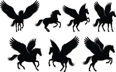 Obraz premium Pegasus winged horse silhouettes set, flying mythical horses with spread wings, black vector illustration for fantasy mythology design and storytelling projects art concepts