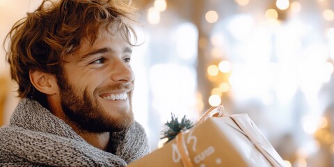 Joyful celebration: man with gift amidst confetti sparkles in festive atmosphere