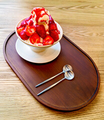 Strawberry bingsoo desert. Diary ice cream with strawberries