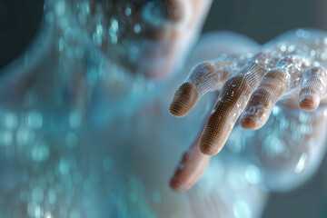 Binary Code Concept with Futuristic Human Hand in Digital Matrix