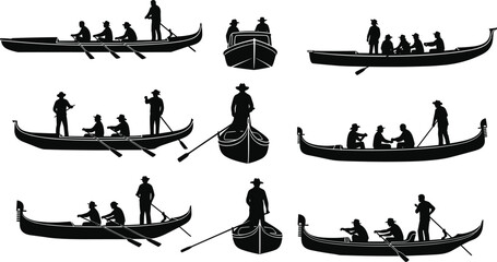 Set of gondola boat silhouettes with rowers and passengers, traditional water transport illustration  © Krisna
