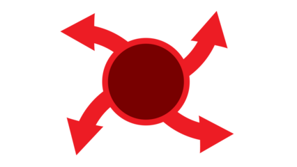 Four red arrows radiating from a central circle, symbolizing expansion, distribution, and multiple directions from a single source.